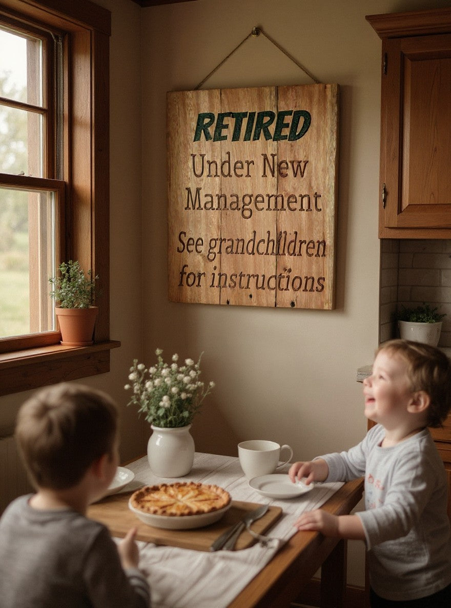 TK Wood Designs rustic wooden wall sign with engraved retirement message hanging in a cozy kitchen with two children.