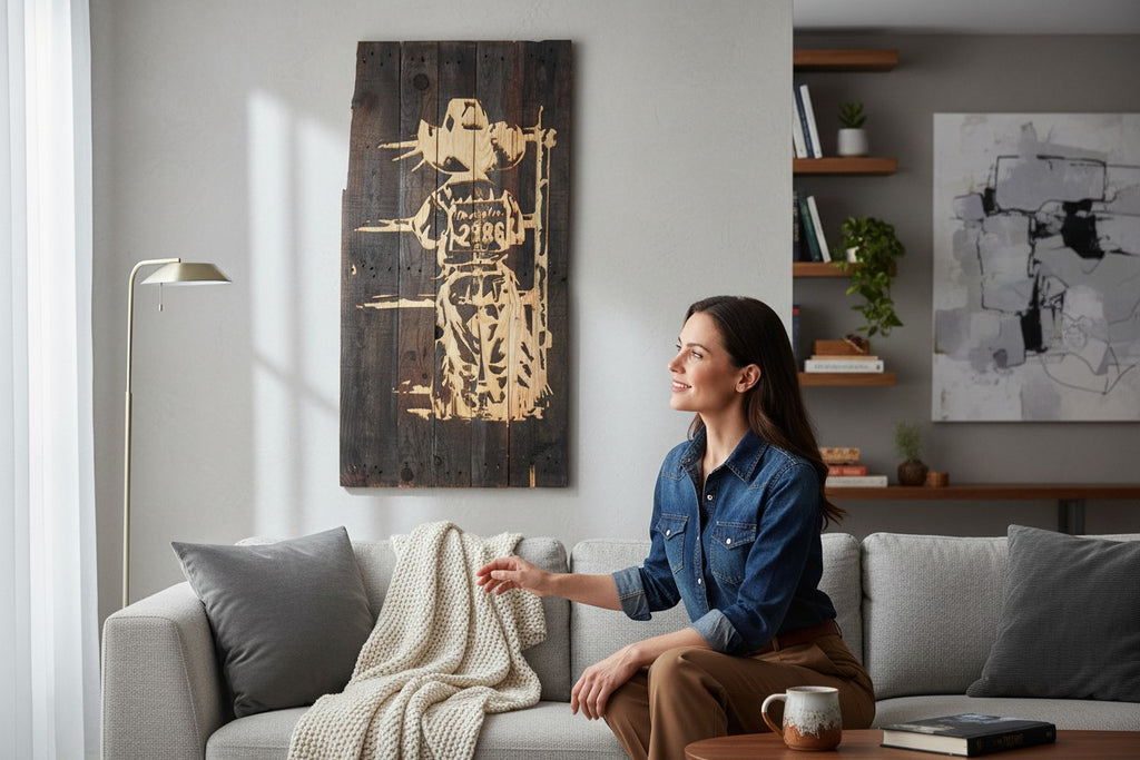 TK Wood Designs rustic wood sign featuring a cowboy silhouette with "2986" on his back, 41" H x 22" W.