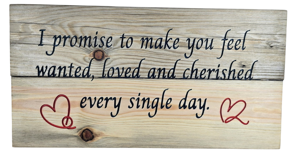 TK Wood Designs natural wood wall art with rustic finish, featuring a romantic promise in black script and red heart accents.