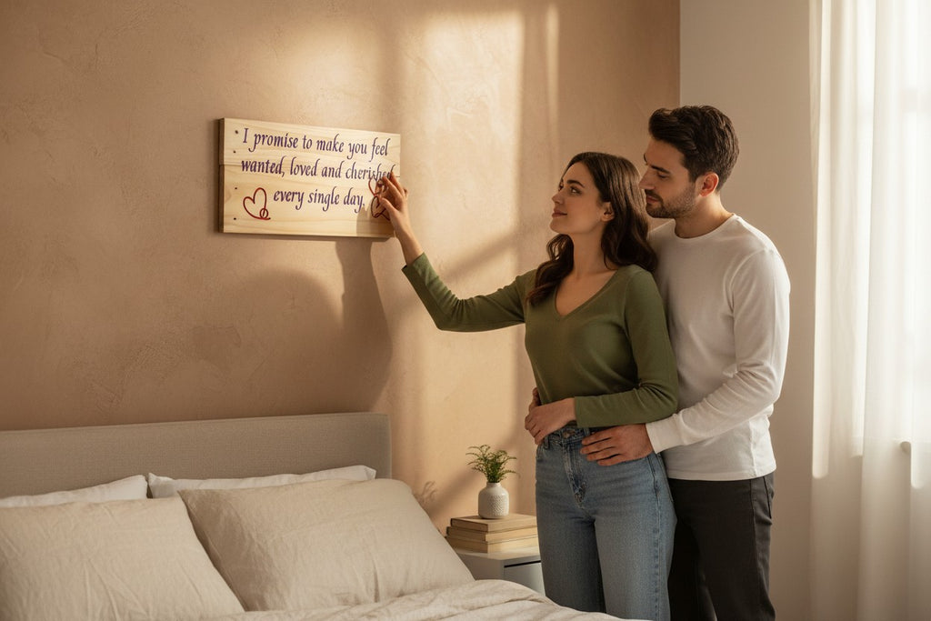 TK Wood Designs natural wood sign with purple lettering and red heart accents. Reads "I promise to make you feel wanted, loved and cherished every single day."