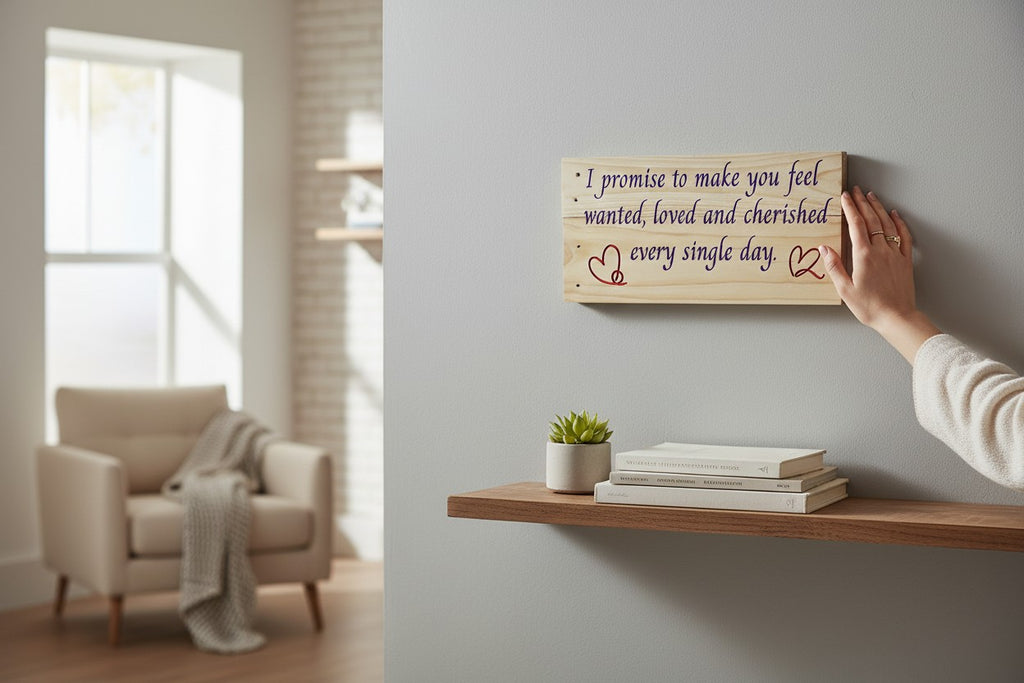 TK Wood Designs natural wood sign with purple lettering and red heart accents, reading "I promise to make you feel wanted, loved and cherished every single day."