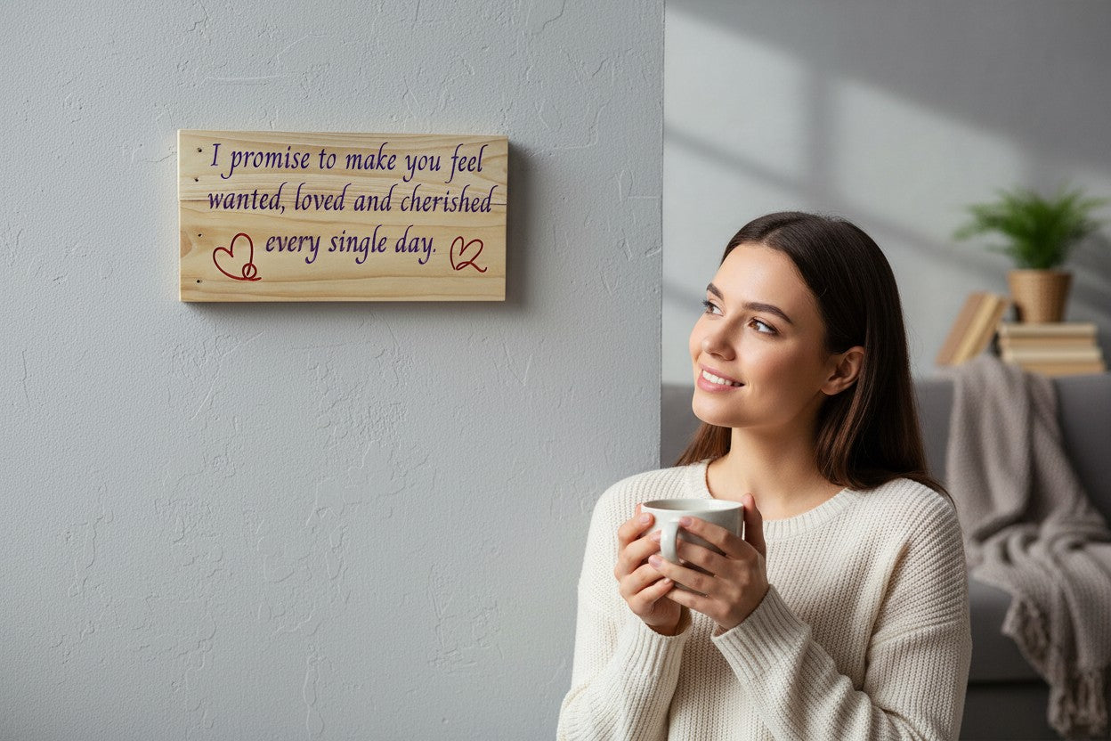 TK Wood Designs natural wood sign with purple lettering and red heart accents, reading "I promise to make you feel wanted, loved and cherished every single day."