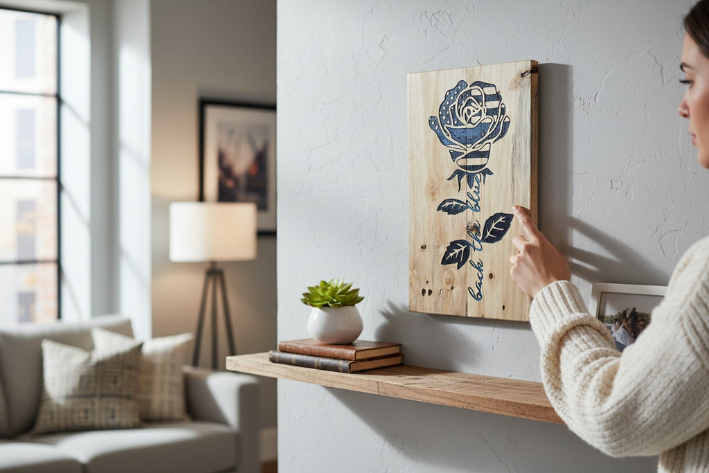 TK Wood Designs wooden sign with a rose design featuring the American flag and the text "back the blue".
