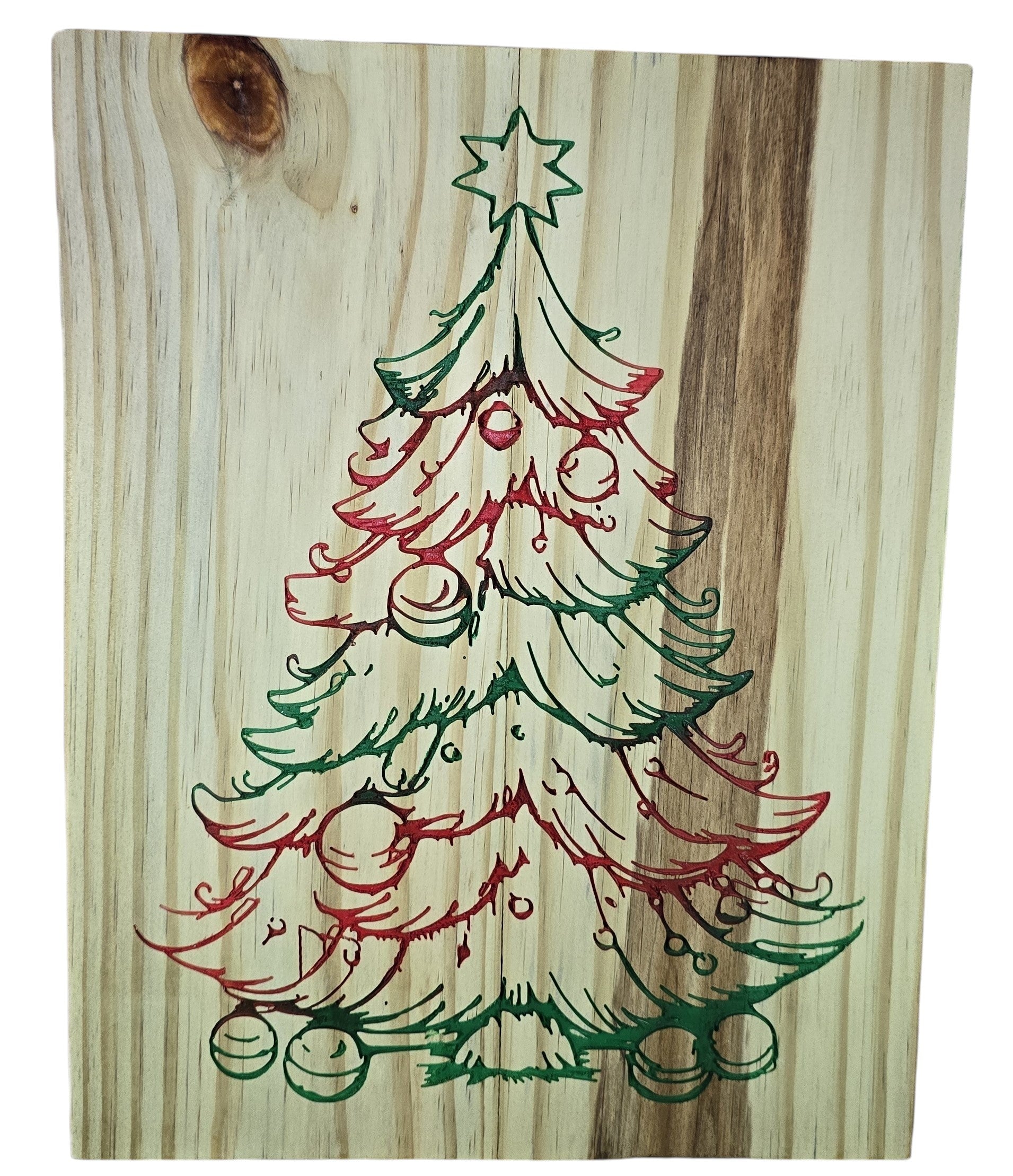 TK Wood Designs rustic wooden Christmas tree wall art with red and green details and ornaments.