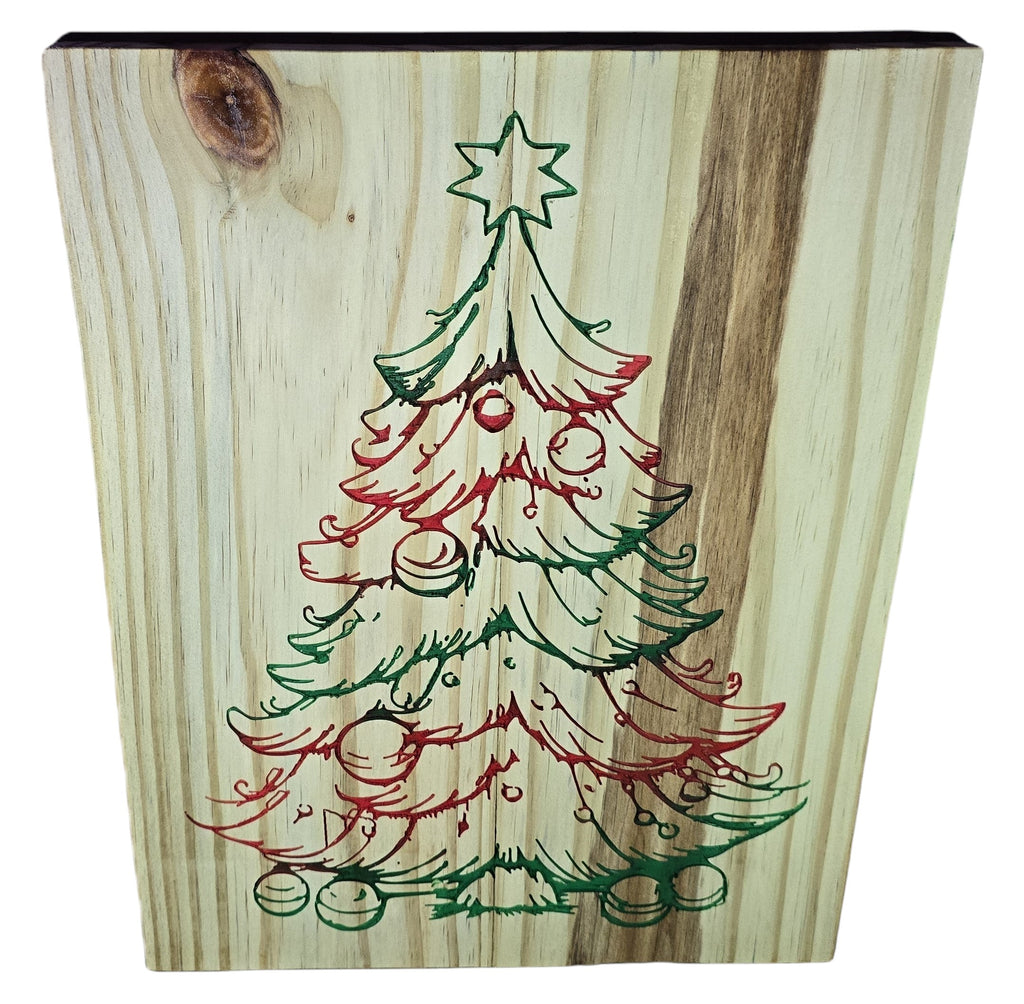 TK Wood Designs rustic wooden Christmas tree wall art with red and green hand-drawn design.