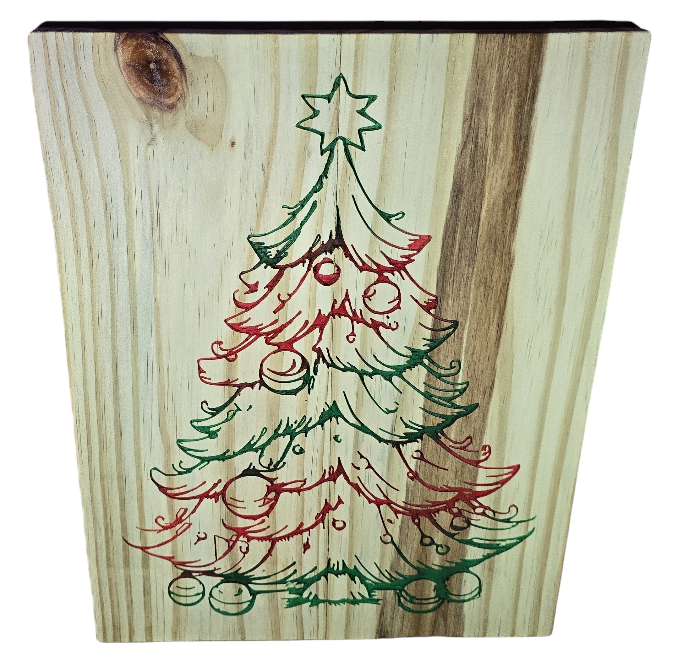 TK Wood Designs rustic wooden Christmas tree wall art with red and green hand-drawn design.