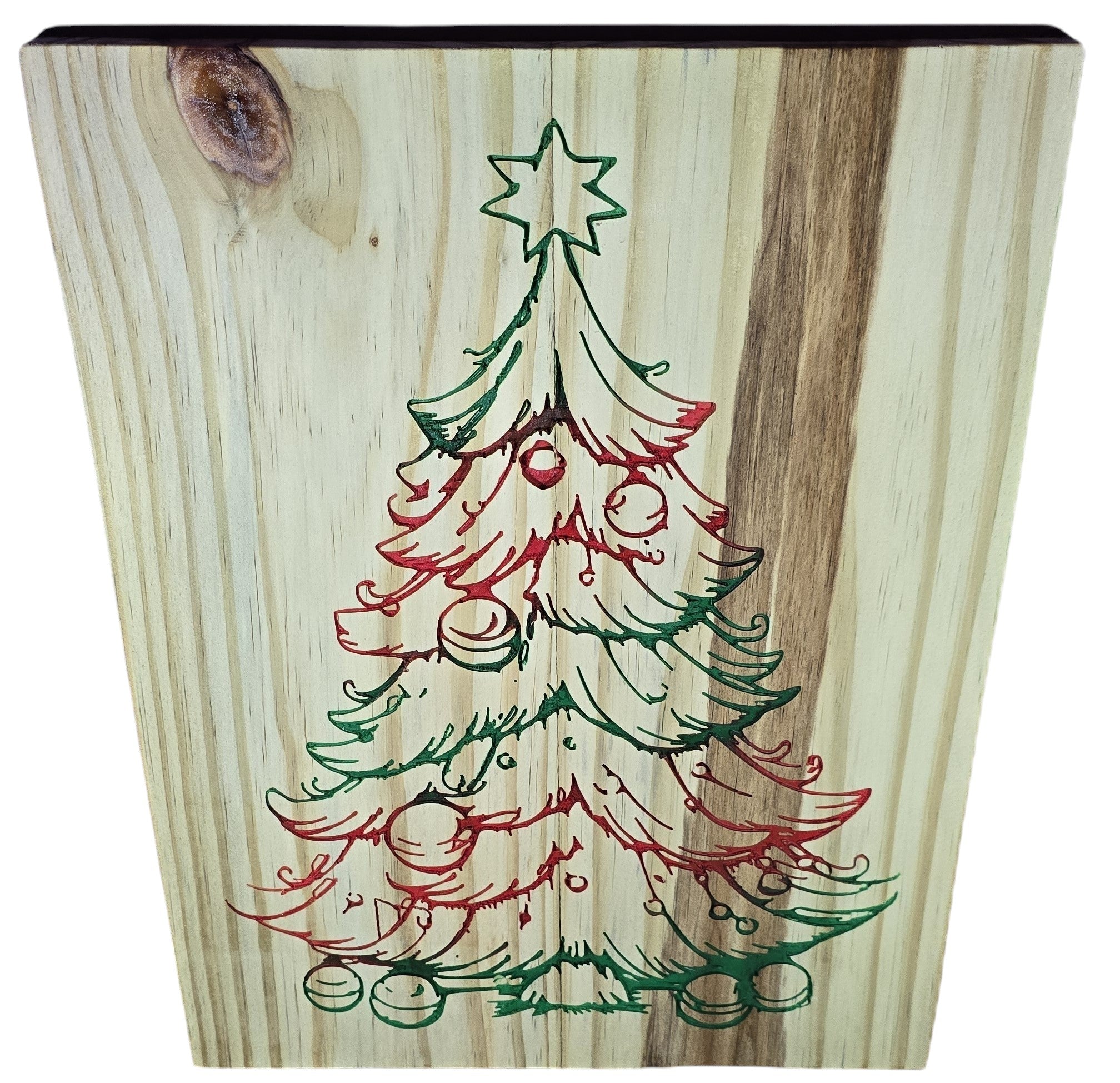TK Wood Designs rustic Christmas tree wall art, natural wood with red and green hand-drawn design.