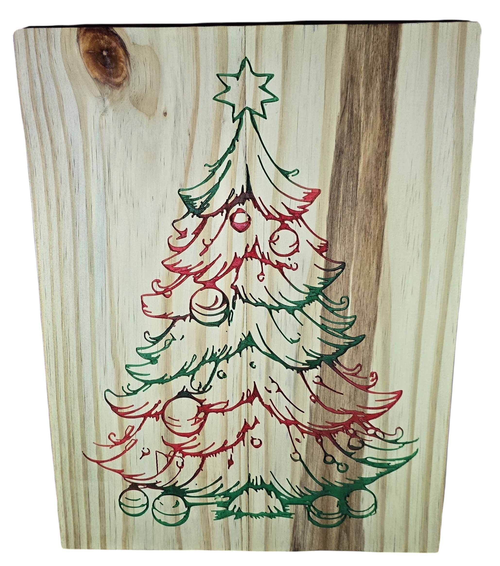 TK Wood Designs rustic Christmas tree wall art, natural wood with red and green painted design, festive holiday decor.