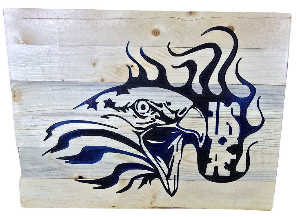 TK Wood Designs rustic wood wall art featuring a stylized navy blue eagle with stars and flames. Perfect for a man cave or office.