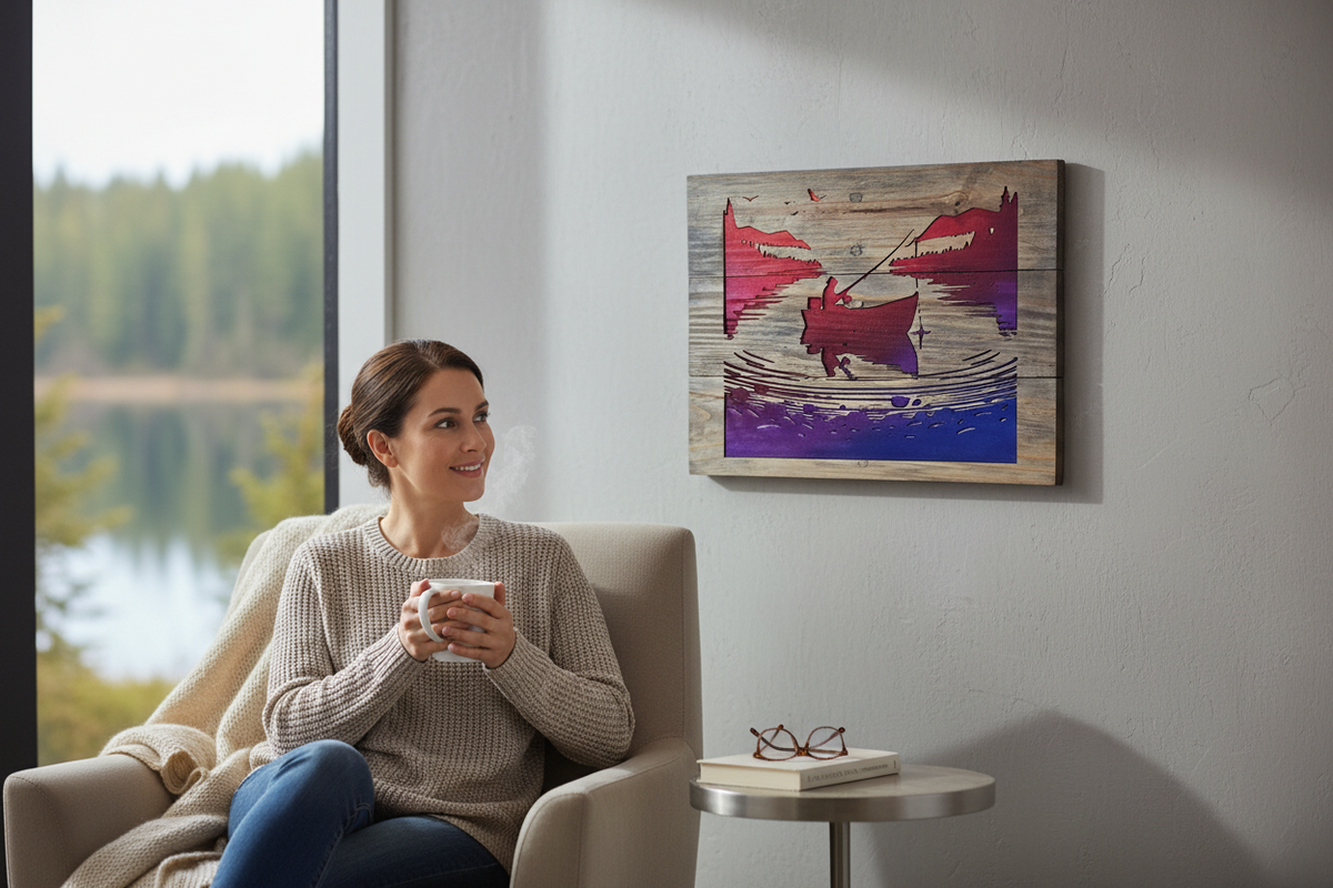 TK Wood Designs rustic wooden wall art featuring a fisherman silhouette against a vibrant sunset gradient in a home.