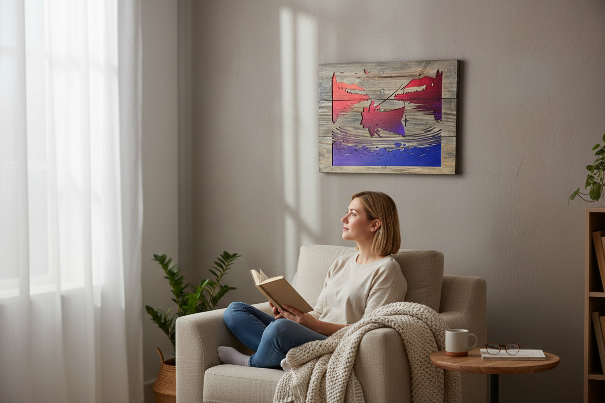 TK Wood Designs rustic wooden wall art featuring a fisherman silhouette against a vibrant sunset gradient in a living room