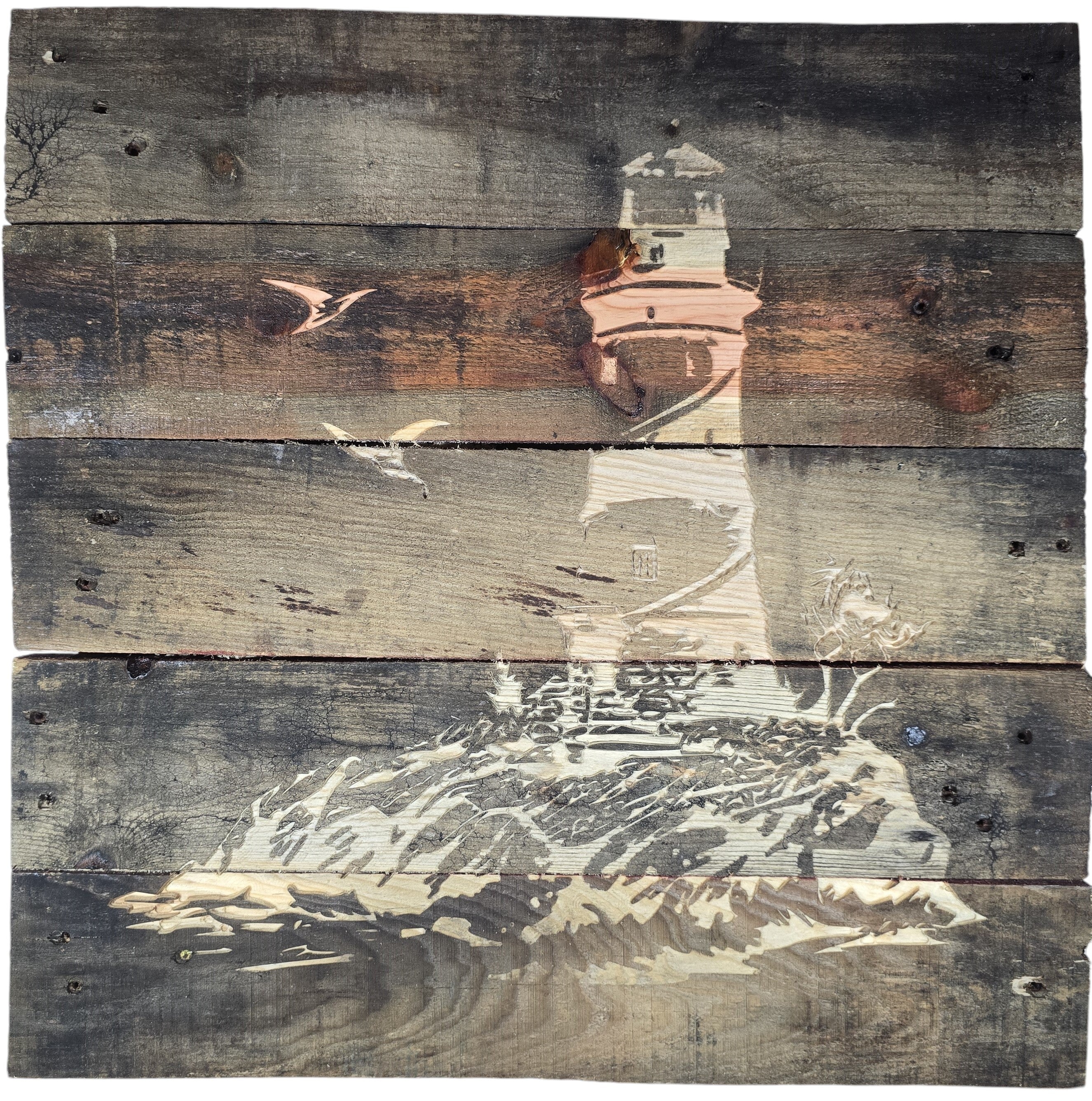 TK Wood Designs rustic lighthouse wood wall art on reclaimed wood planks with weathered finish and coastal scene.