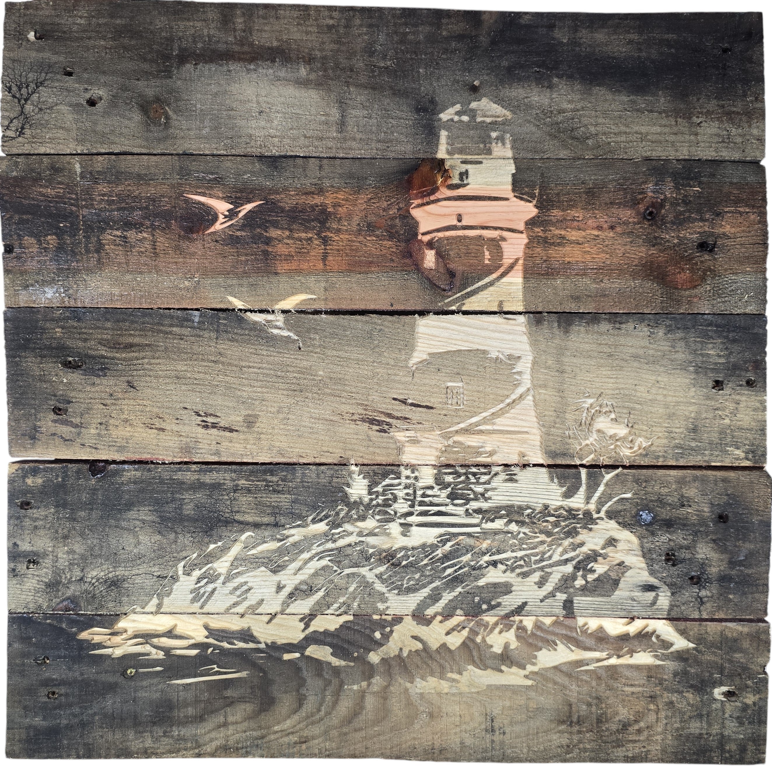 TK Wood Designs rustic lighthouse wood wall art on reclaimed wood planks with weathered finish and coastal scene.