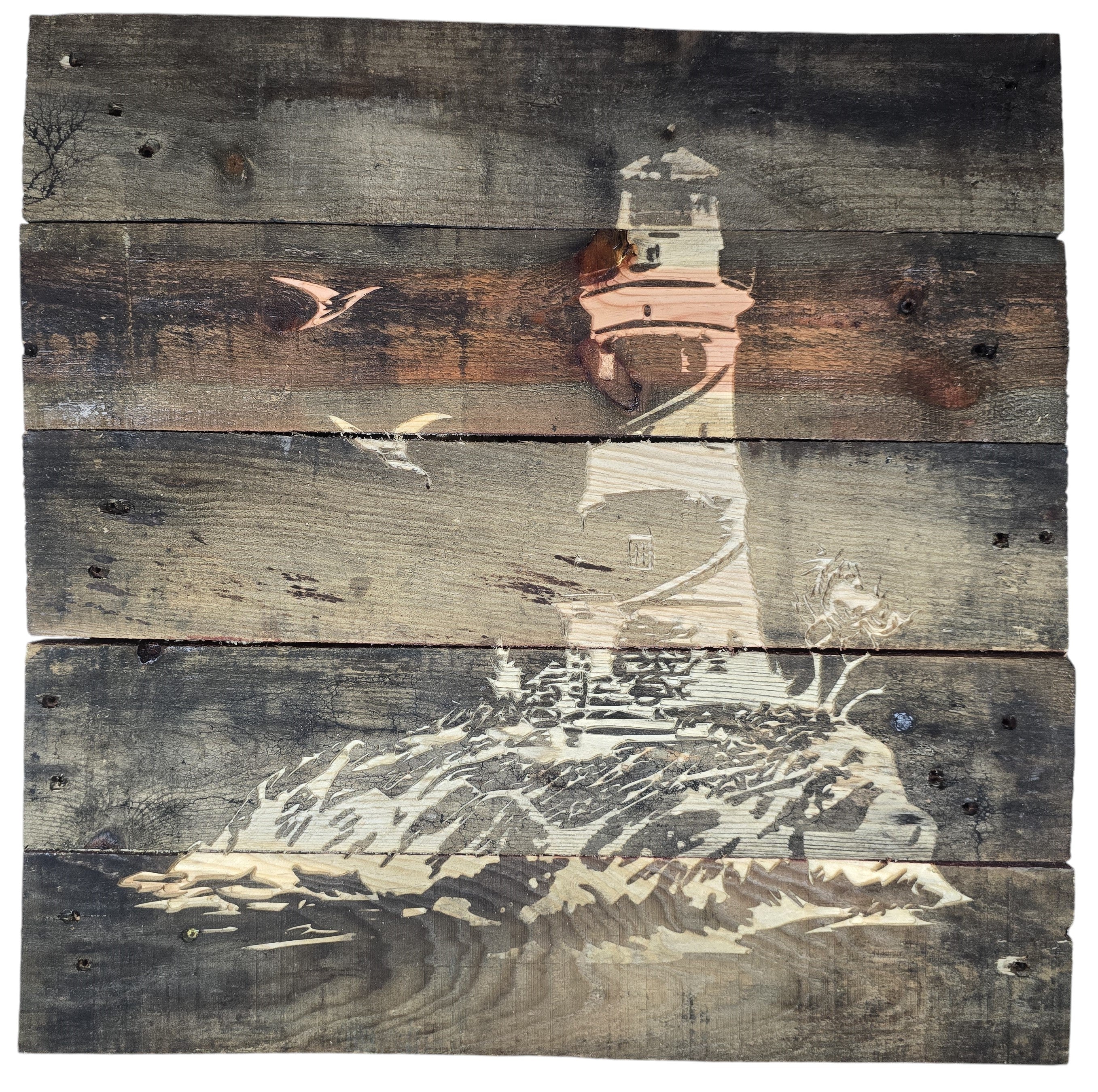 TK Wood Designs rustic lighthouse wood wall art on reclaimed wood planks with weathered finish and coastal scene. Features two birds in flight.