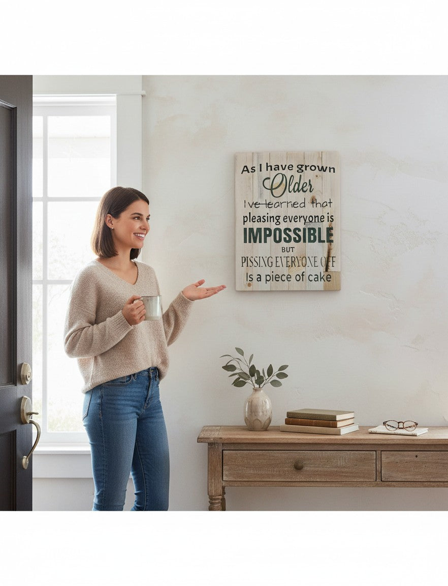 TK Wood Designs rustic wood sign with witty quote about aging and pleasing others. Natural wood grain and weathered finish.