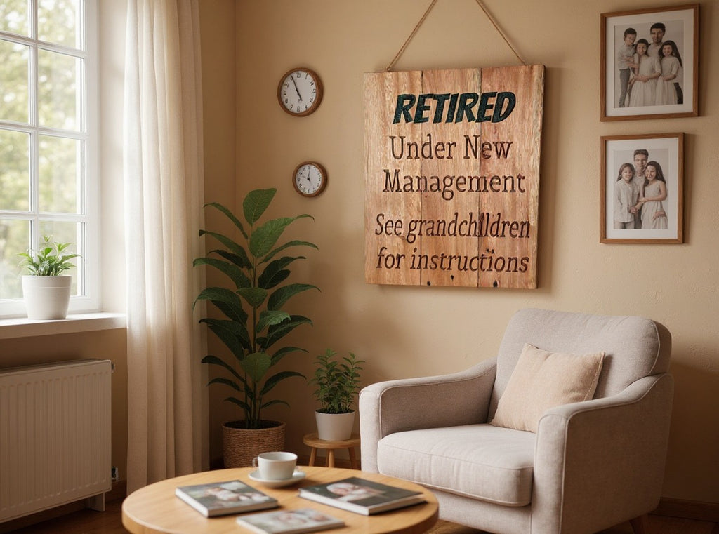 TK Wood Designs rustic plank wood wall sign with engraved retirement message hanging in a cozy living room setting.