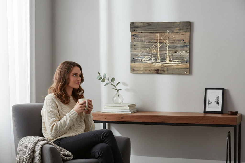 TK Wood Designs rustic wooden sailboat wall art hanging above a console table in a cozy living room setting.