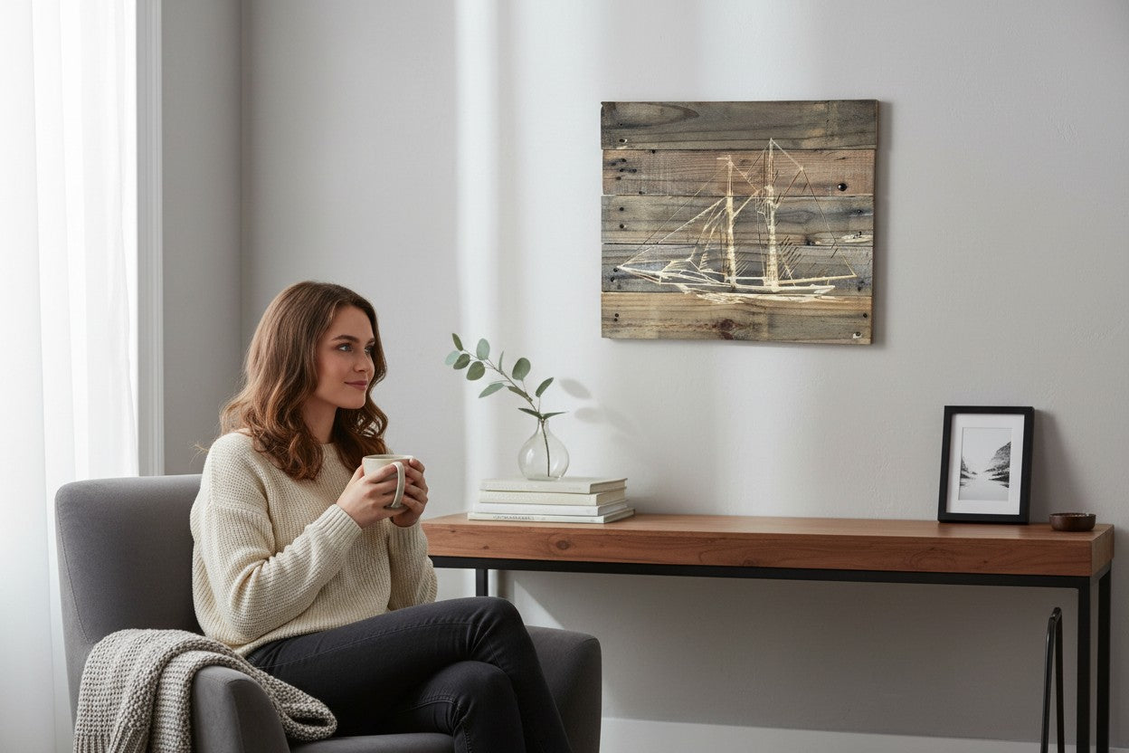 TK Wood Designs rustic wooden sailboat wall art hanging above a console table in a cozy living room setting.