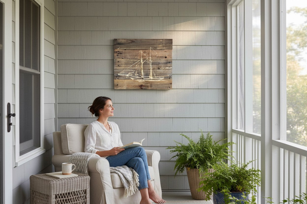 TK Wood Designs rustic wooden sailboat wall art hanging on a grey porch wall above a woman reading in a cozy chair.