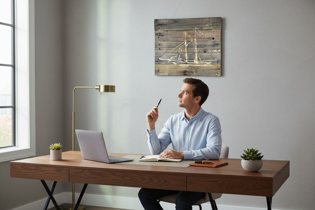 TK Wood Designs rustic wooden sailboat wall art hanging in a modern home office above a man at a desk.
