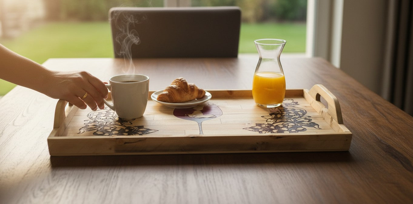 TK Wood Designs rustic wooden serving tray with grape vine and wine glass silhouette art. Features handles for easy carrying.