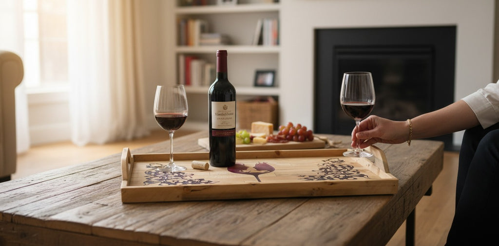 TK Wood Designs rustic wooden serving tray with grape vine and wine glass silhouette design. Features handles.