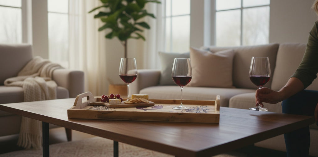 TK Wood Designs rustic wooden serving tray with grape vine and wine glass silhouette design, featuring handles.