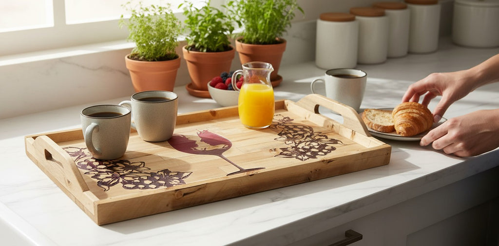 TK Wood Designs rustic wooden serving tray with grape vine and wine glass silhouette design. Features handles.