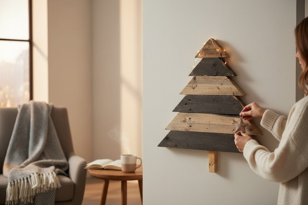 TK Wood Designs rustic tiered Christmas tree decoration made of reclaimed wood in natural and charcoal grey tones, with fairy lights.