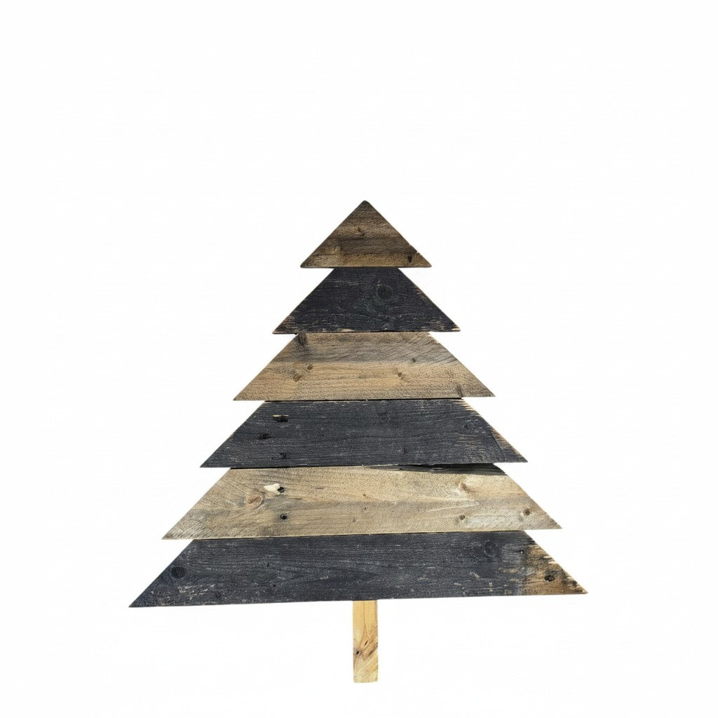 TK Wood Designs rustic tiered Christmas tree decoration made of reclaimed wood, alternating natural and charcoal grey bands, 26" H x 24" W.