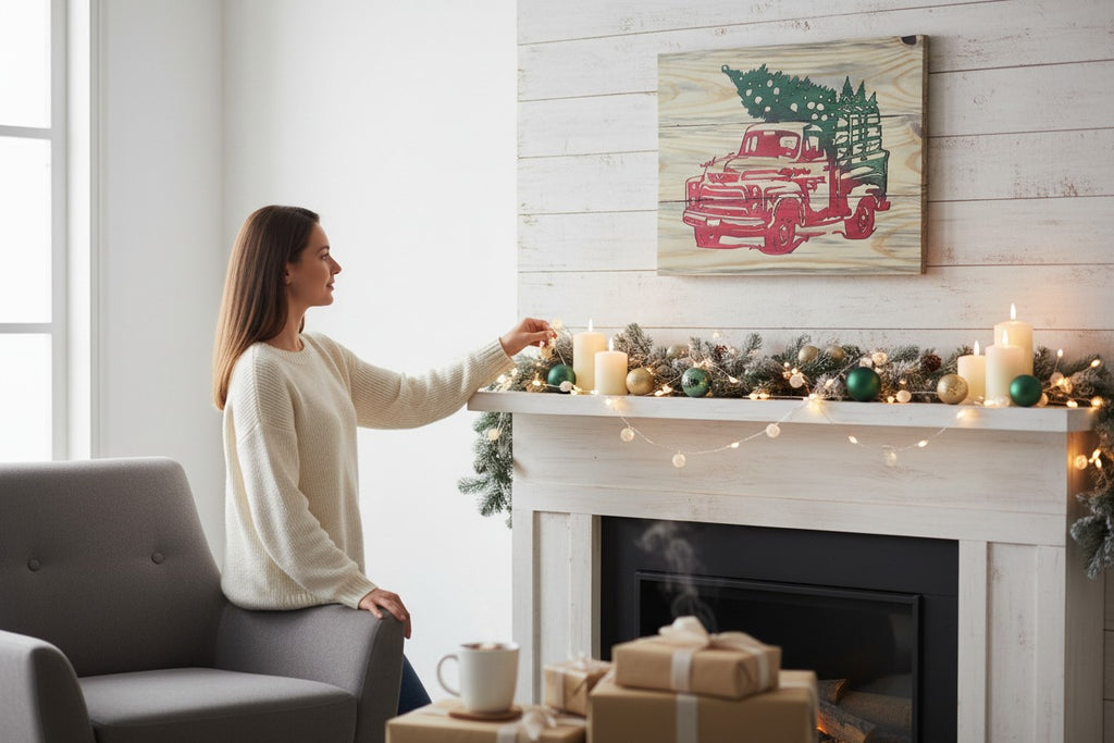 TK Wood Designs rustic wooden wall art featuring a vintage red truck with a Christmas tree hanging above a fireplace.