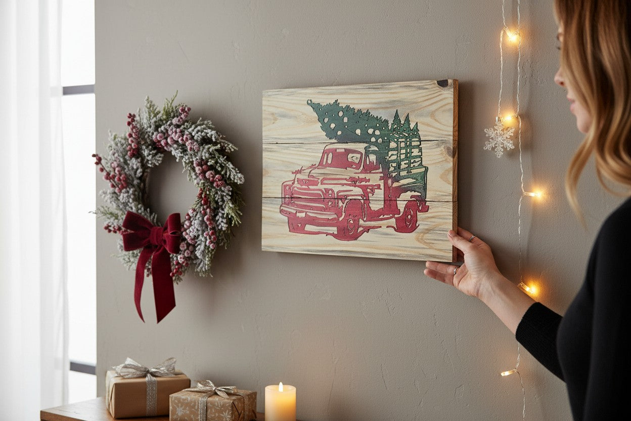TK Wood Designs rustic wooden wall art featuring a vintage red truck with a Christmas tree on a neutral wood background.