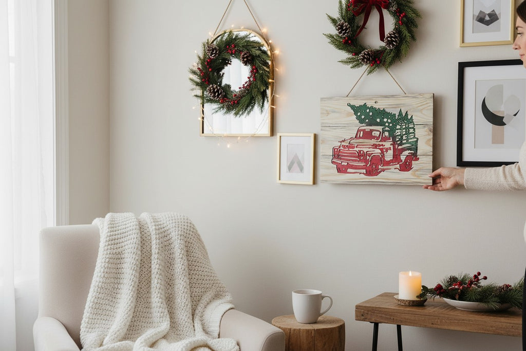 TK Wood Designs rustic wooden wall art featuring a vintage red truck with a Christmas tree in a cozy living room.