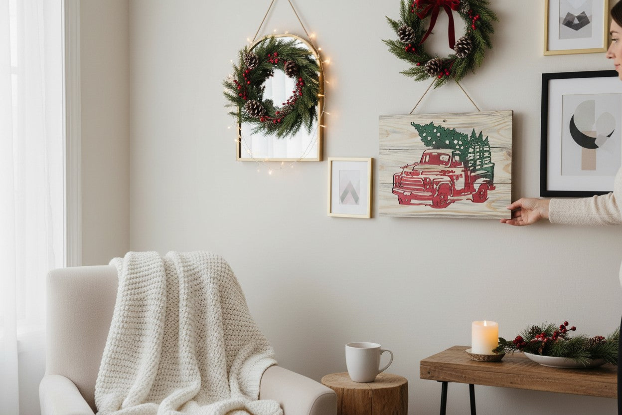 TK Wood Designs rustic wooden wall art featuring a vintage red truck with a Christmas tree in a cozy living room.