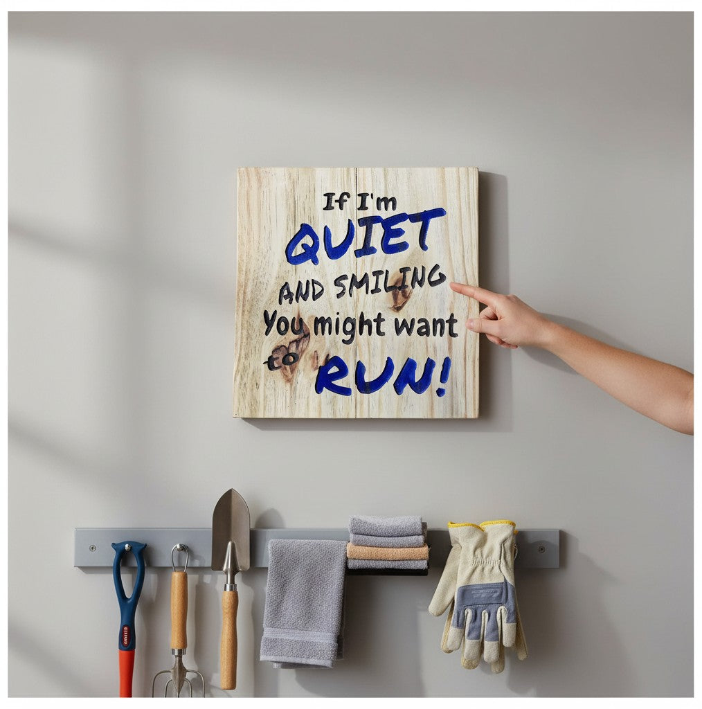 TK Wood Designs rustic reclaimed wood sign with hand-painted lettering: "If I'm QUIET AND SMILING You might want to RUN!"