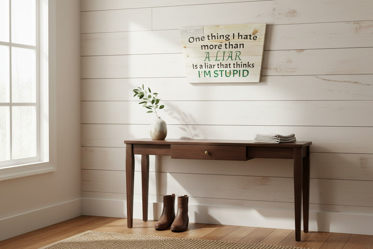 TK Wood Designs rustic wood sign with black and green text: "One thing I hate more than a liar is a liar that thinks I'M STUPID."