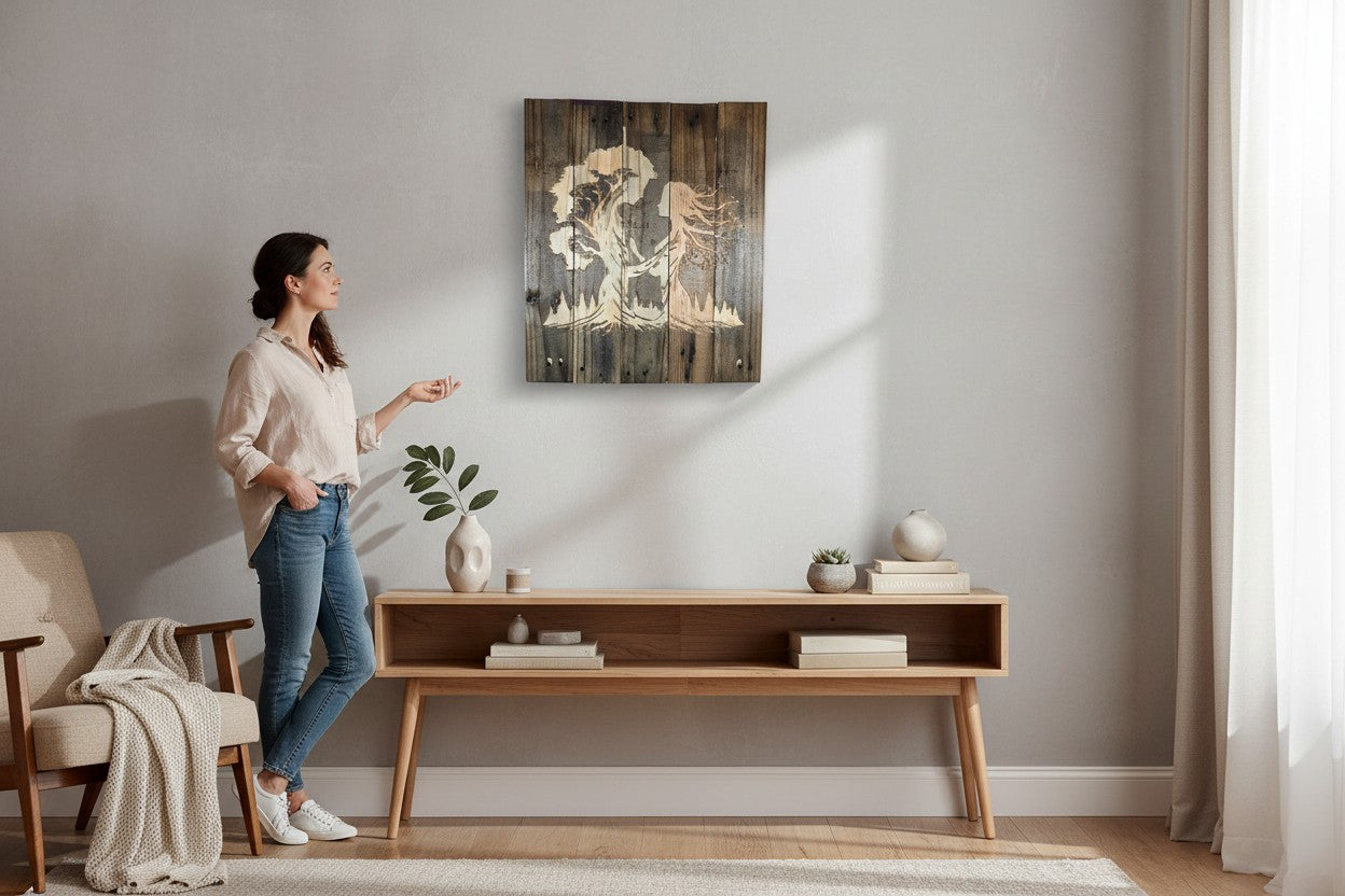 TK Wood Designs handcrafted rustic reclaimed wood wall art with an engraved tree and figure silhouette in a living room