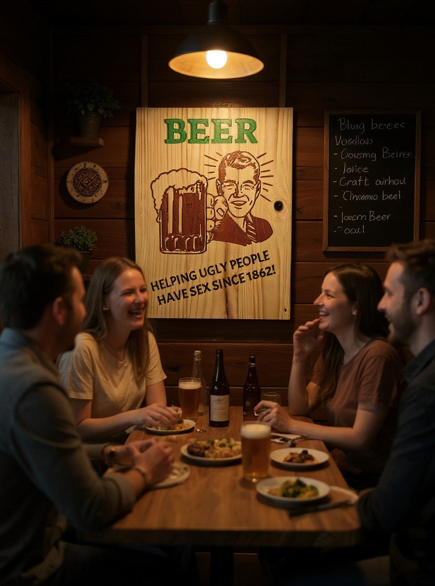 TK Wood Designs rustic wooden beer sign with vintage graphic hanging on a dark wood wall in a cozy bar setting.