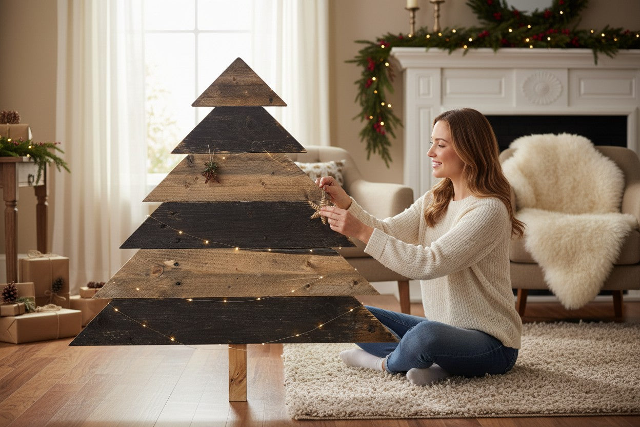 TK Wood Designs rustic tiered wooden Christmas tree decoration with natural and charcoal grey wood bands, 26" H.