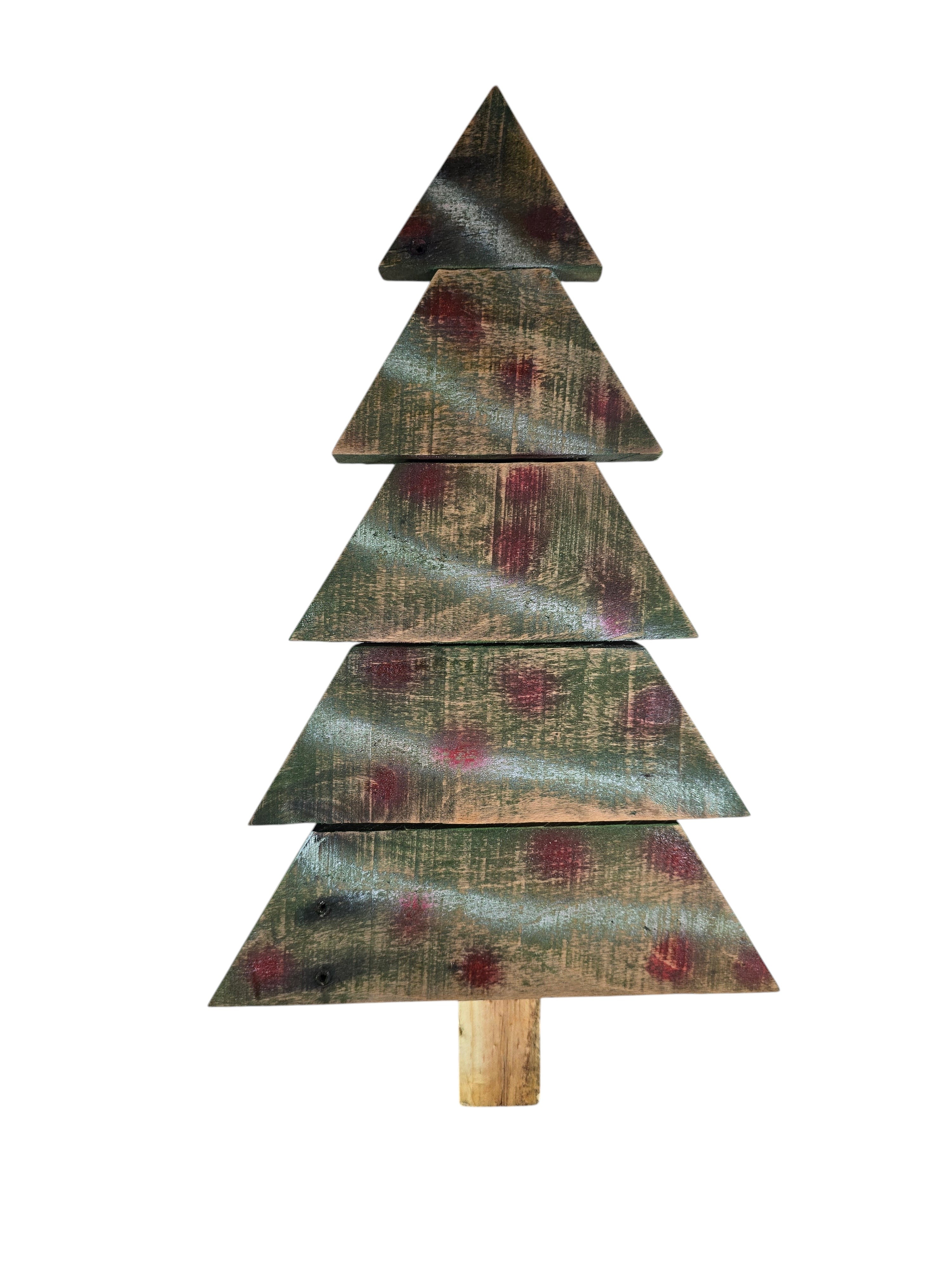 TK Wood Designs rustic wooden wall mounted Christmas tree decoration with distressed green and burgundy paint.