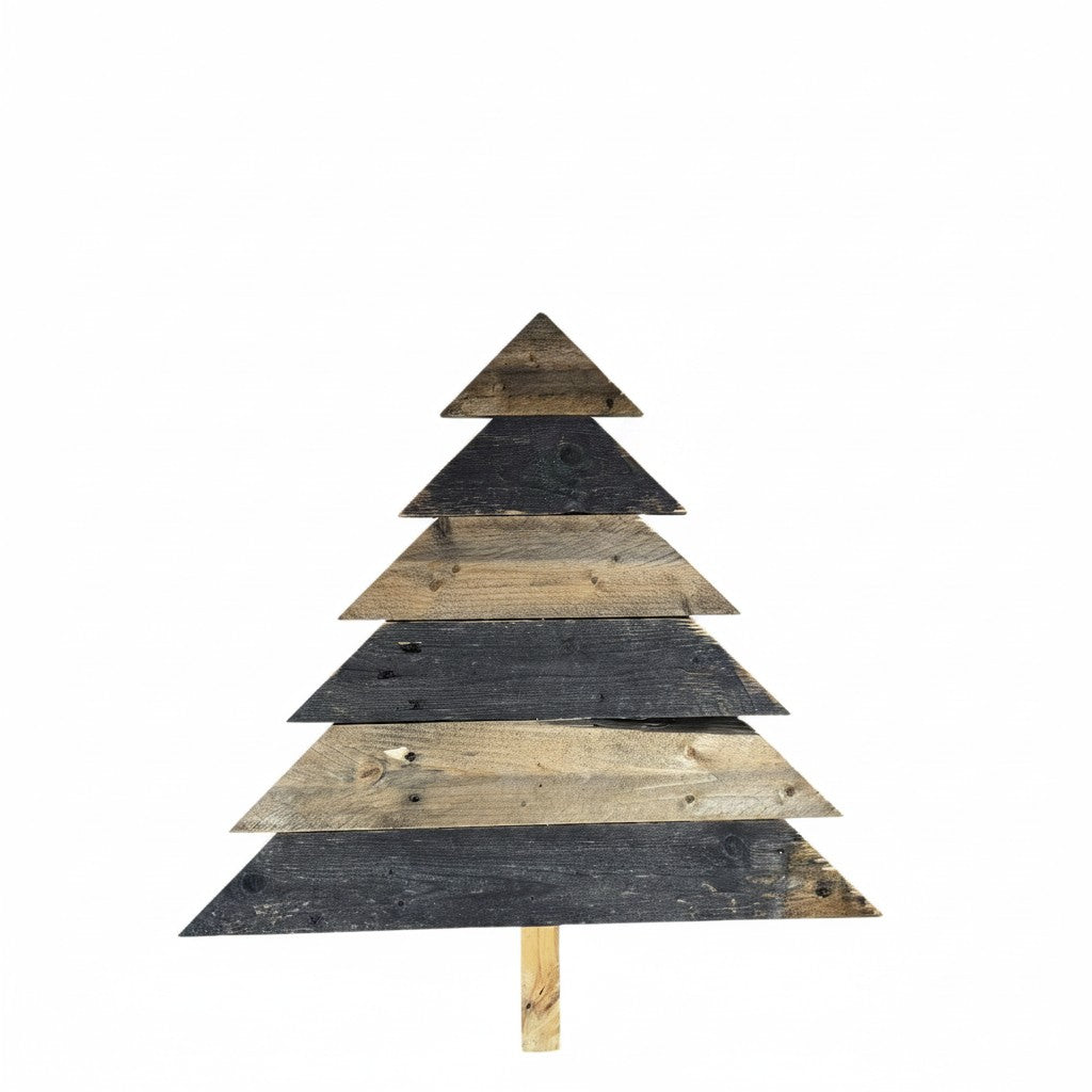 TK Wood Designs rustic tiered wooden Christmas tree decoration with natural wood and charcoal grey distressed finishes.