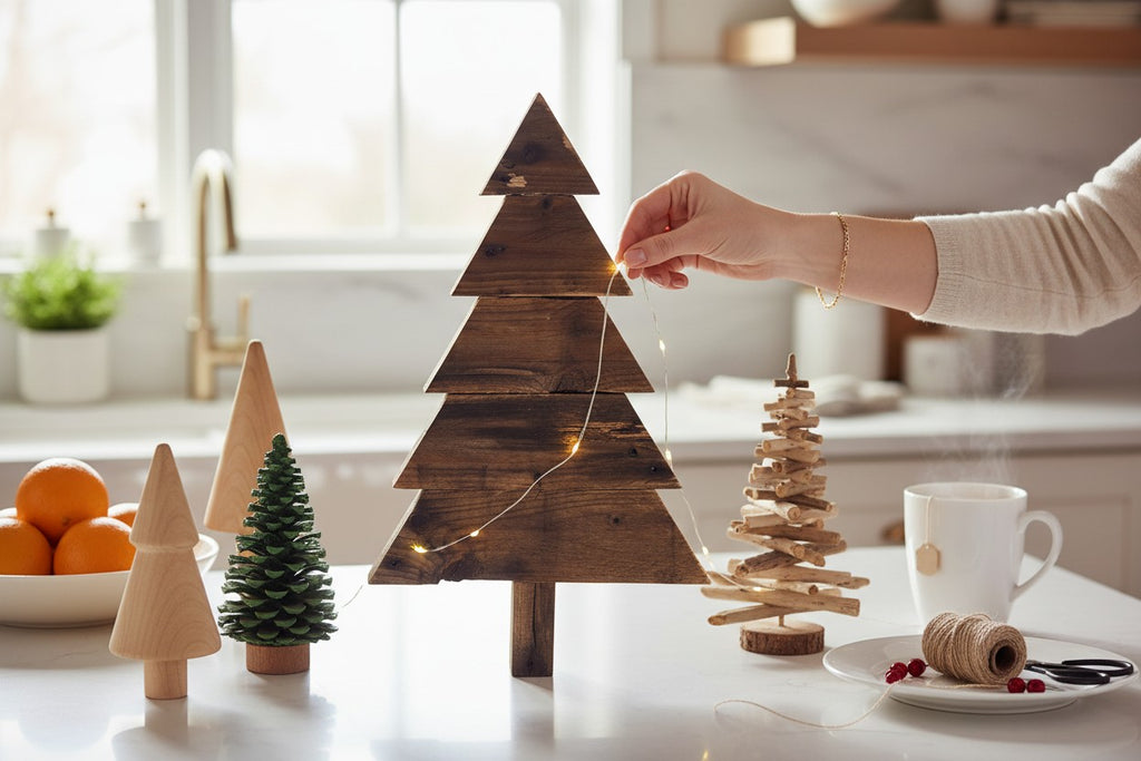TK Wood Designs rustic wooden Christmas tree decoration with layered design and distressed finish, adorned with fairy lights.