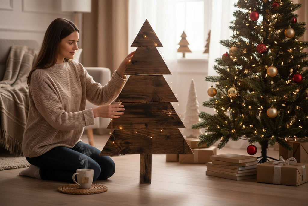 TK Wood Designs rustic wooden Christmas tree decoration with fairy lights, 23" H x 14" W.