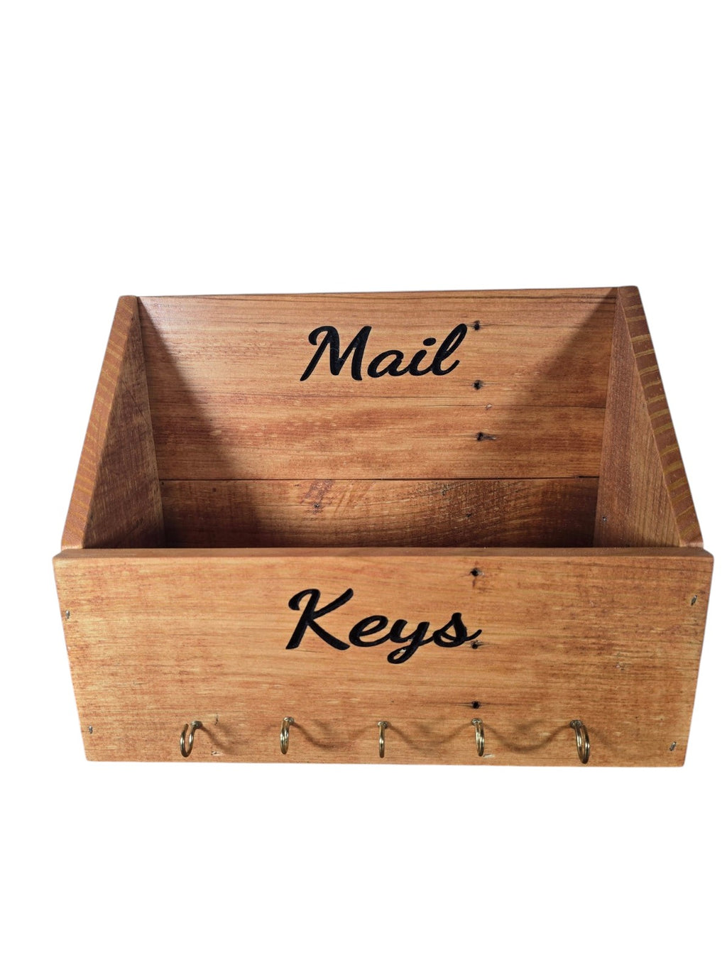 TK Wood Designs rustic wooden wall-mounted mail organizer with five metal key hooks and elegant black lettering.