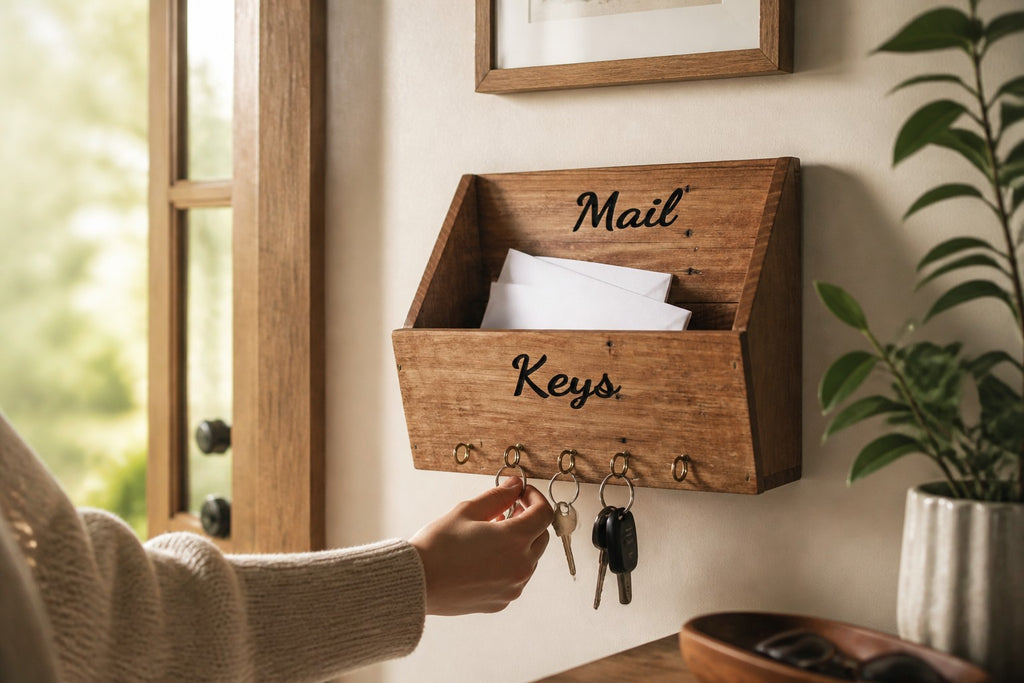 TK Wood Designs rustic wooden wall-mounted mail organizer with five metal hooks for keys in a farmhouse entryway
