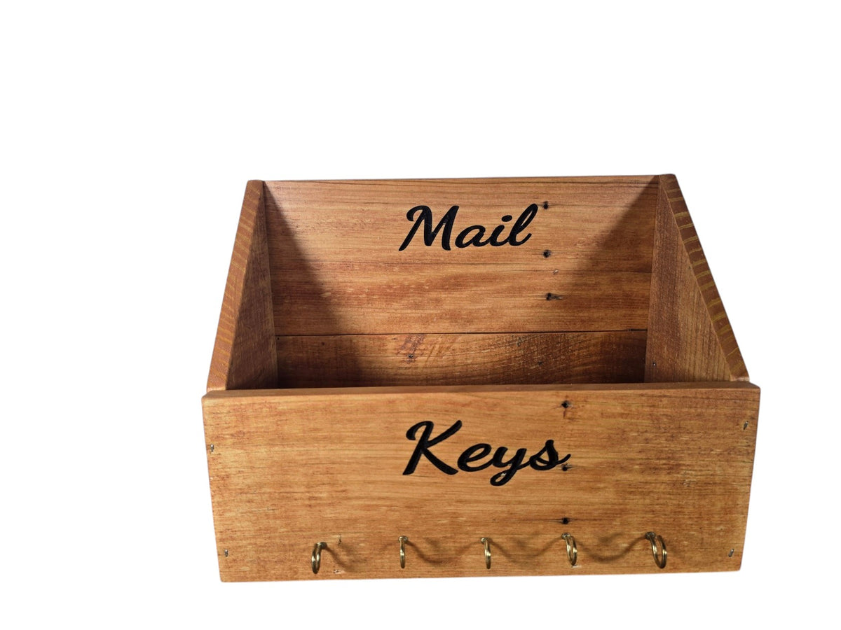 TK Wood Designs rustic wooden wall-mounted mail organizer with five metal key hooks and elegant black lettering