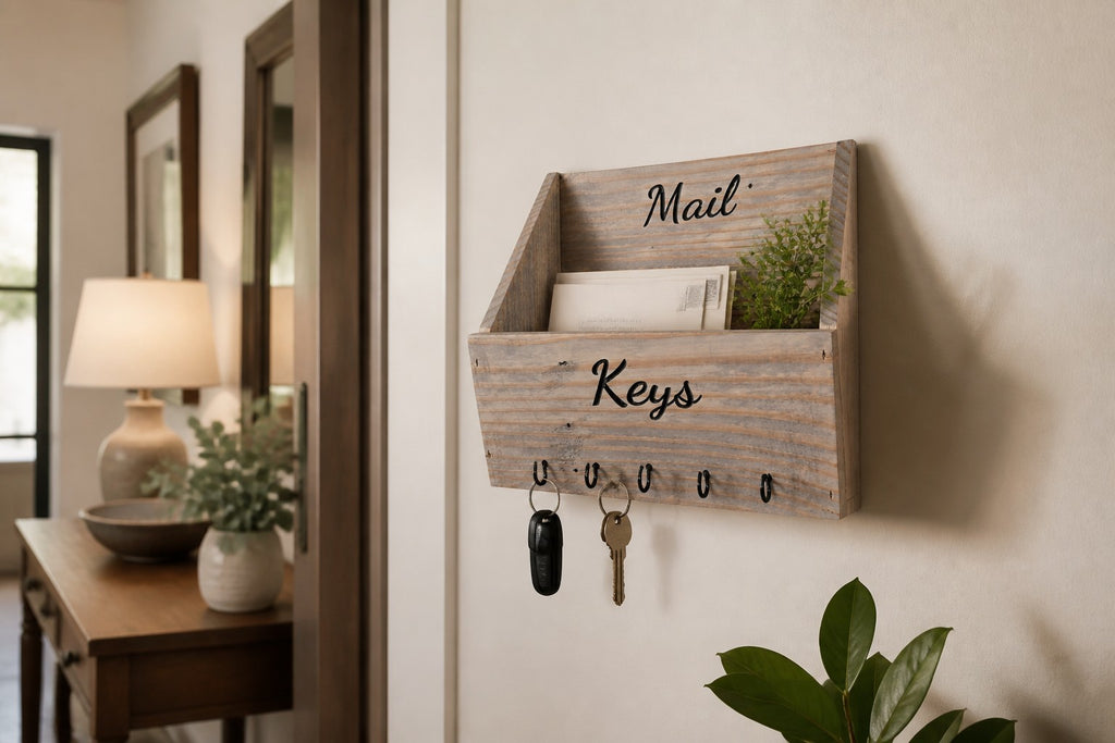 TK Wood Designs rustic distressed wooden wall-mounted mail and key organizer with five black metal hooks in an entryway.