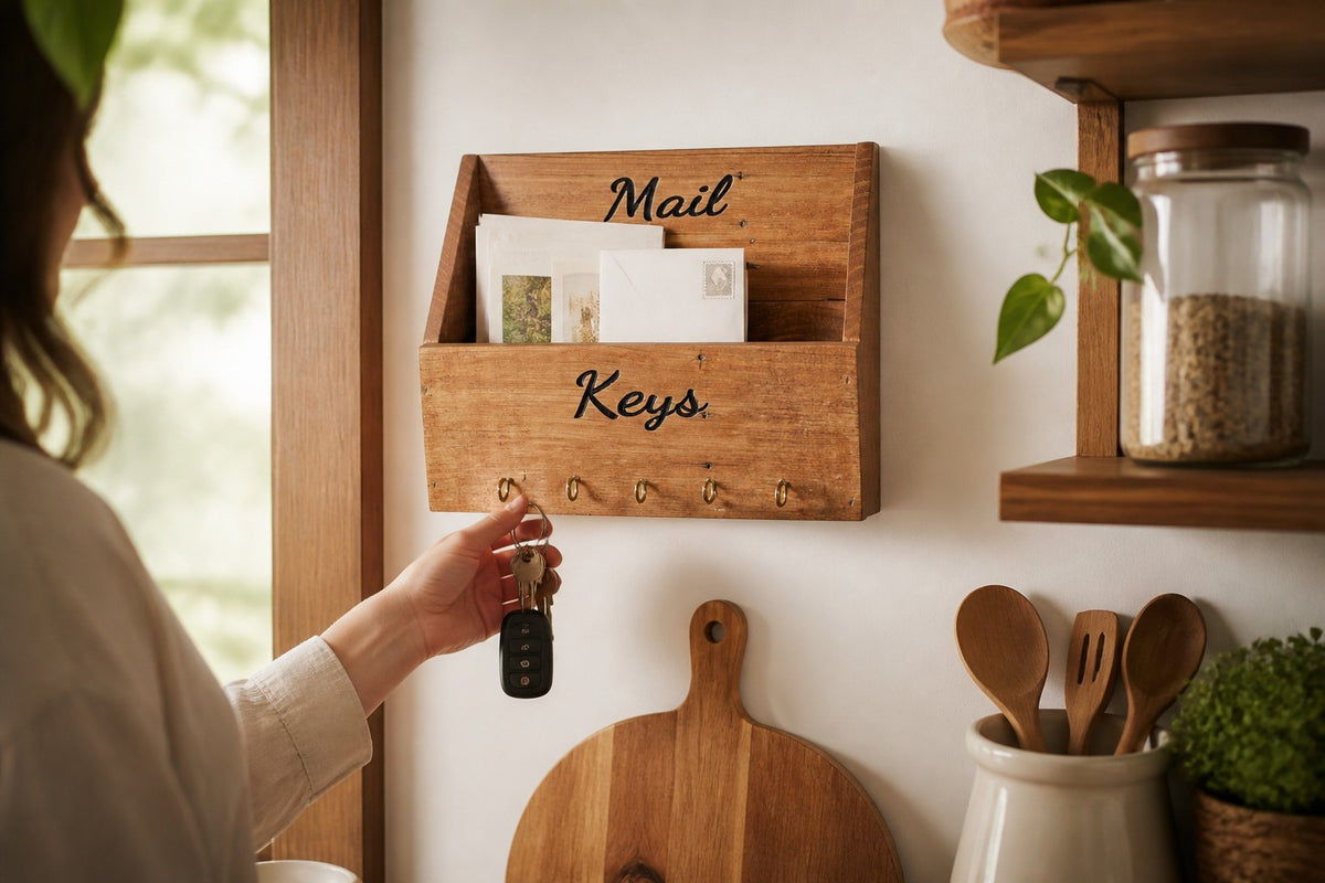 TK Wood Designs rustic wooden wall-mounted mail organizer with five metal key hooks in a farmhouse entryway.