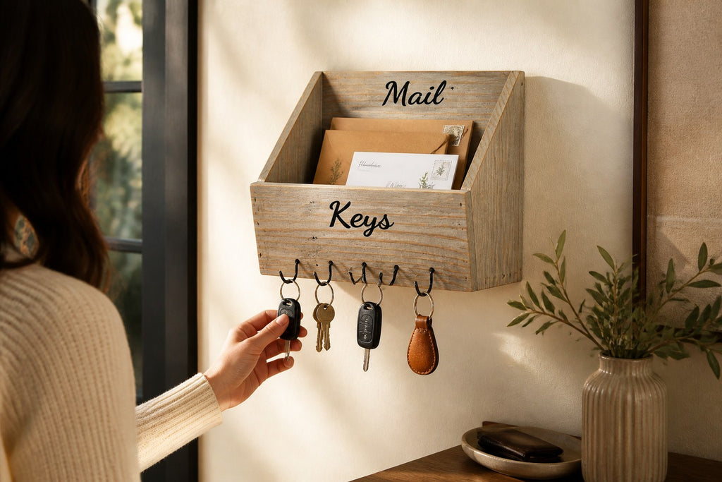TK Wood Designs rustic wooden wall-mounted mail and key organizer with five black metal hooks in a farmhouse entryway.