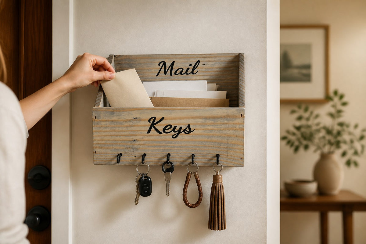 TK Wood Designs rustic wooden wall mounted mail and key organizer with five black metal hooks in a farmhouse entryway